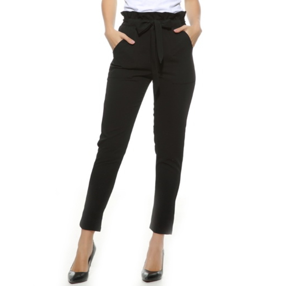 size M-L Black High Waist Slim Fit Paper Bag Pants